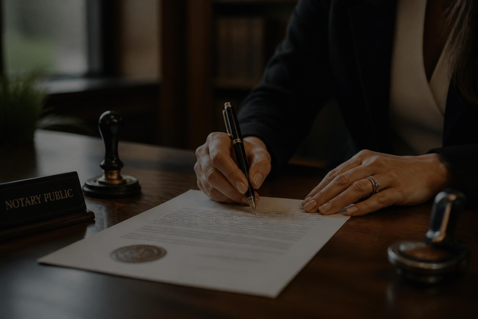 Hands signing a document beside a notary seal and journal